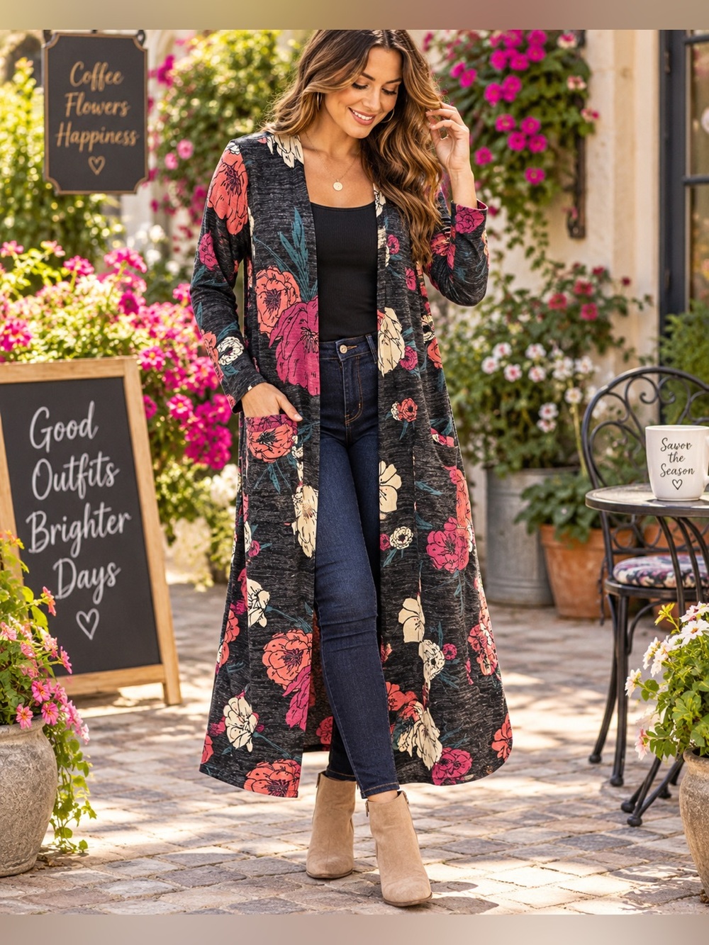 LuLaRoe Long Floral Open-Front Cardigan in Black, Pink & Cream